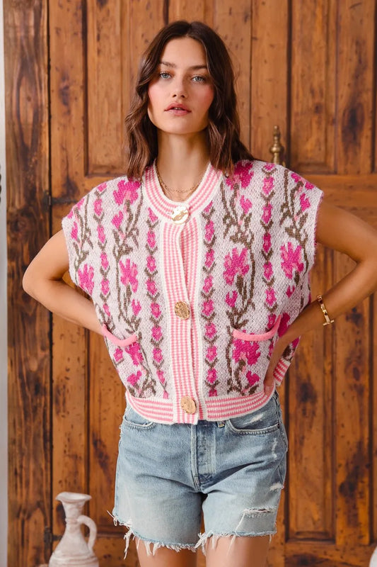 Image of SO ME Button Front Floral and Stripe Knitted Sweater Vest | Queeble.shop