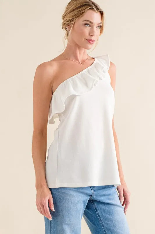 Image of And The Why Ruffle One Shoulder Sleeveless Tank Top | Queeble.shop