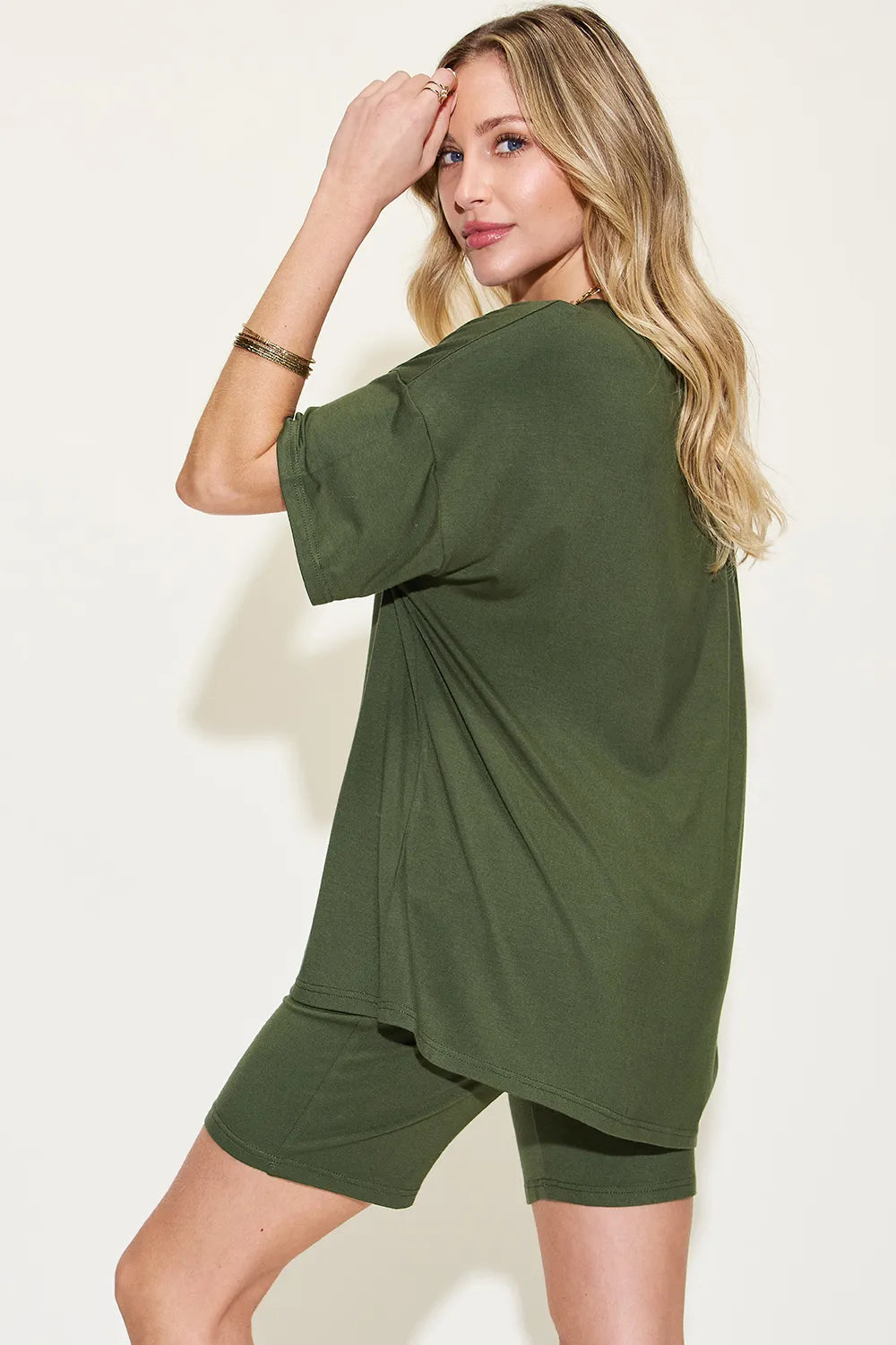 Image of Basic Bae Full Size V-Neck Drop Shoulder T-Shirt and Shorts Set | Queeble.shop