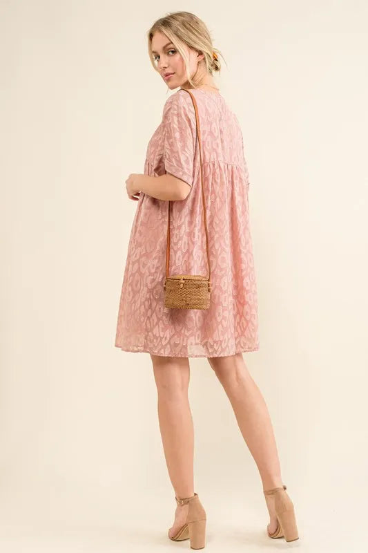 Image of And The Why Woven Leopard Baby Doll Roll-Sleeve Casual Dress | Queeble.shop