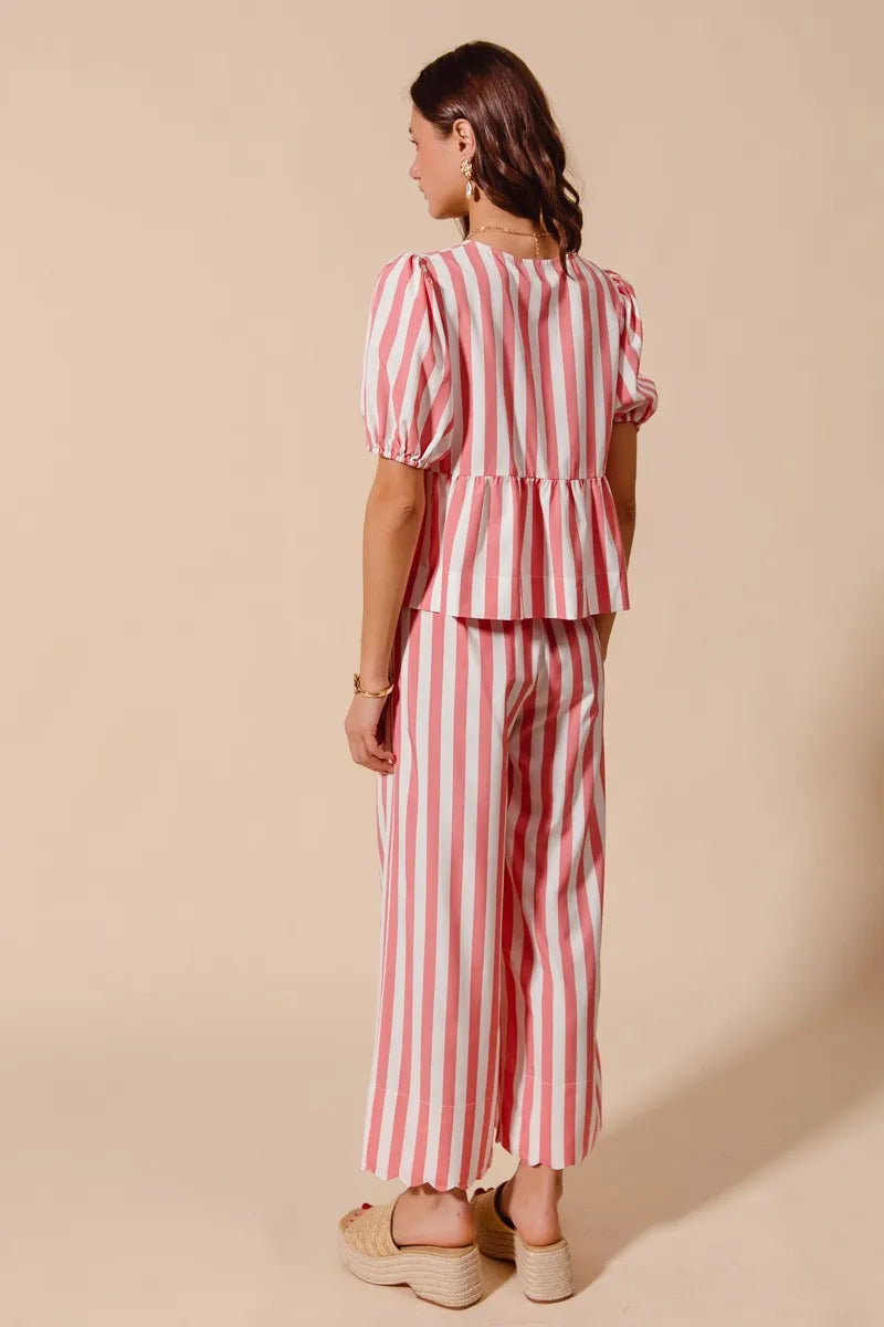 Image of SO ME Front Tie Stripe Top With Puff Sleeves and Wide Leg Pants Set | Queeble.shop