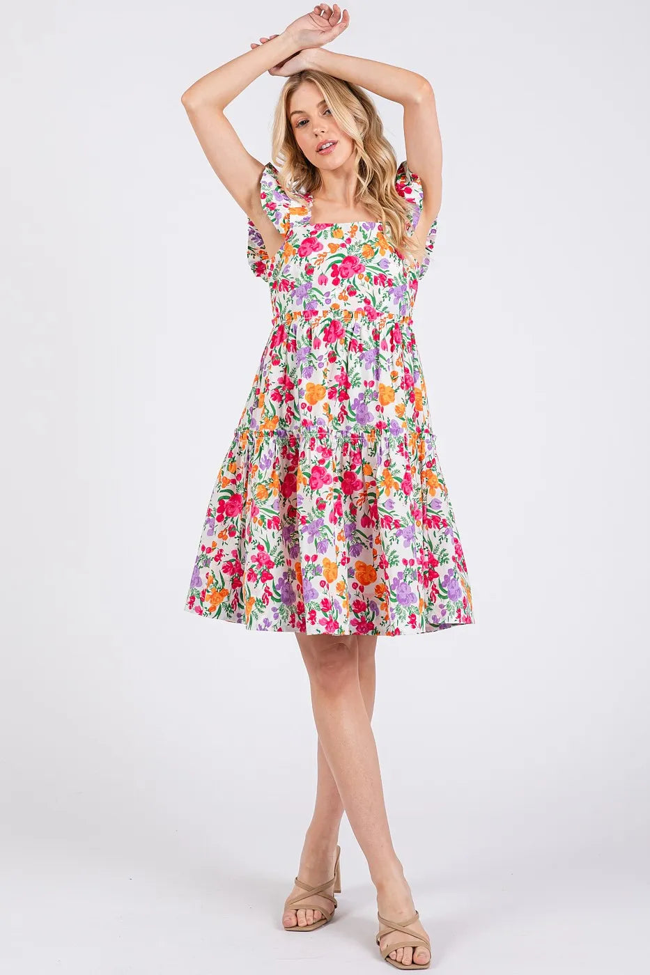 Image of Mittoshop Flower Print Ruffle Shoulder A-line Mini Dress | Queeble.shop