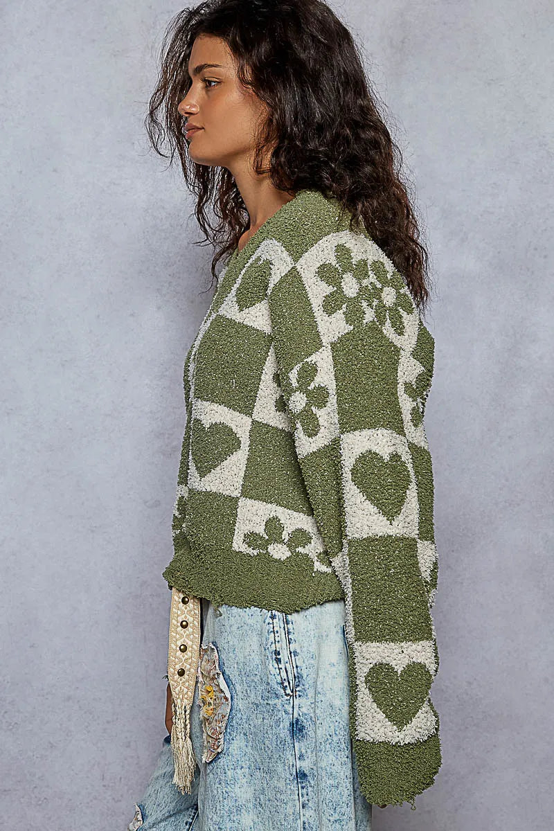 Image of POL V-Neck Heart Pattern Checkered Sweater | Queeble.shop
