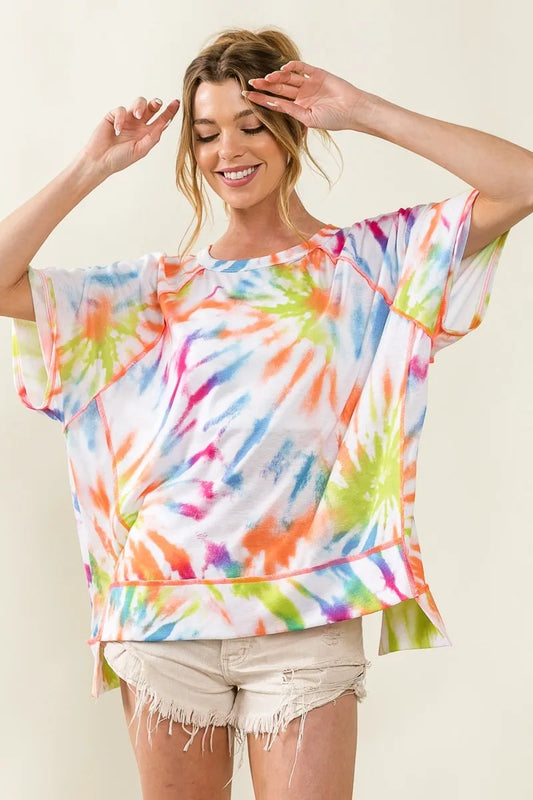 Image of BiBi Tie Dye Print Jersey Stitched Uneven Hem Top | Queeble.shop