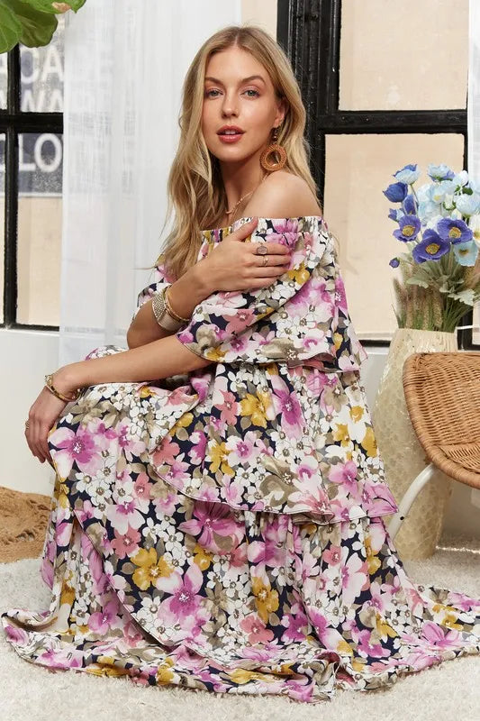 Image of ADORA Layered Floral Off-Shoulder Short Sleeve Maxi Dress | Queeble.shop