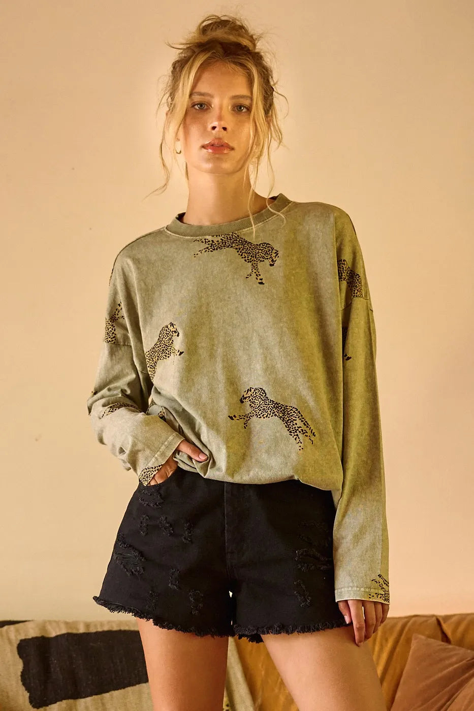 Image of Mittoshop Mineral Wash Cheetah Print Long Sleeve Top | Queeble.shop
