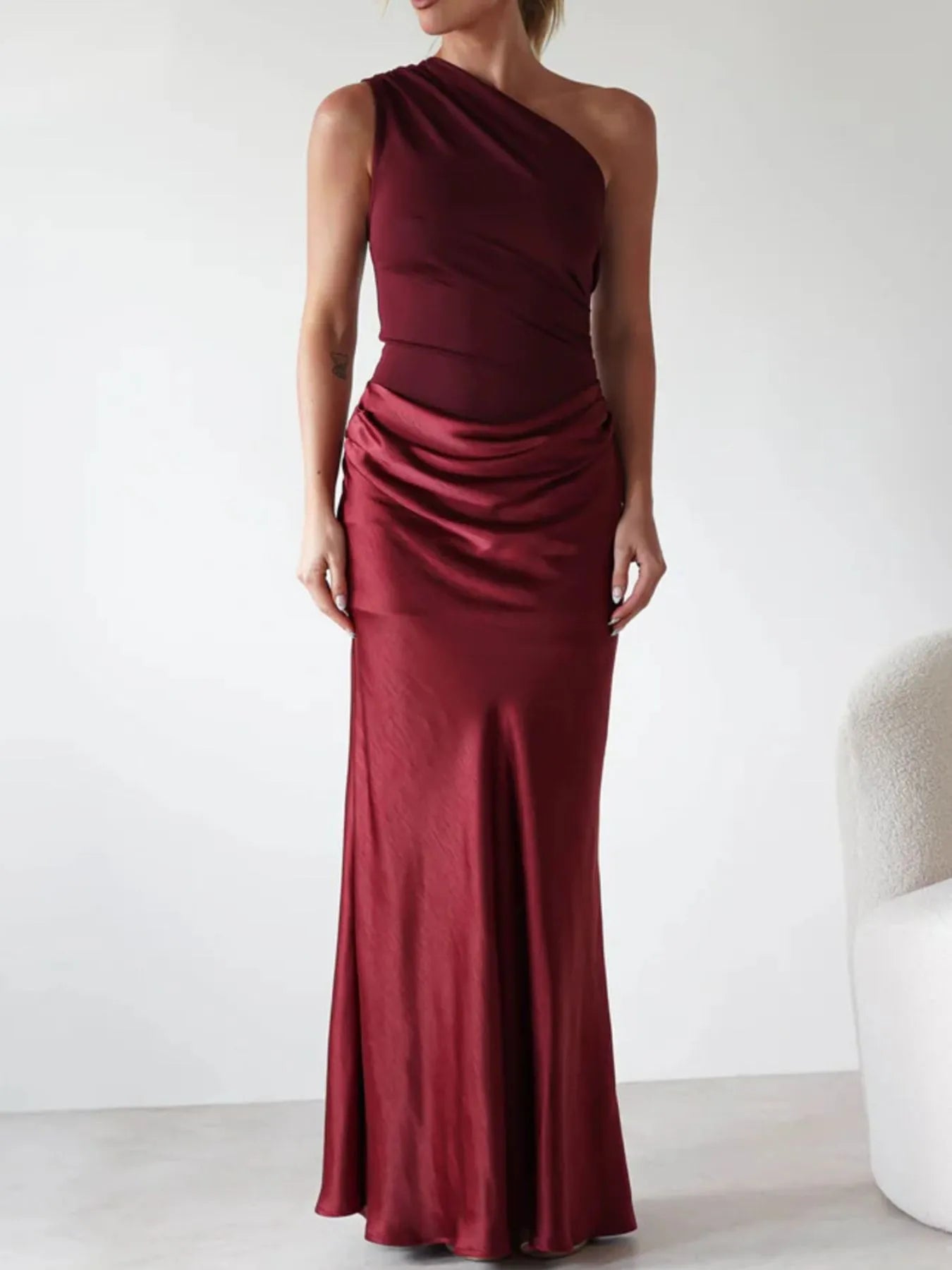 Image of One Shoulder Ruched Bodycon Maxi Dress | Queeble.shop