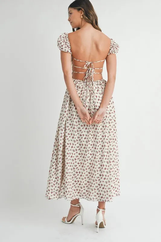 Image of MABLE Floral Print Puff Sleeve Gathered Midi Dress | Queeble.shop
