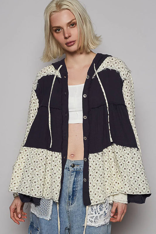 Image of POL Color Block Printed Frayed Hem Hooded Shacket | Queeble.shop
