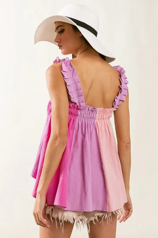 Image of BiBi Frill Shoulder Strap Color Block Bodice Top | Queeble.shop