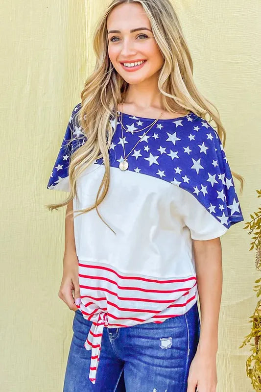 Image of And The Why American Flag Print Tie Knot Front Casual Top | Queeble.shop