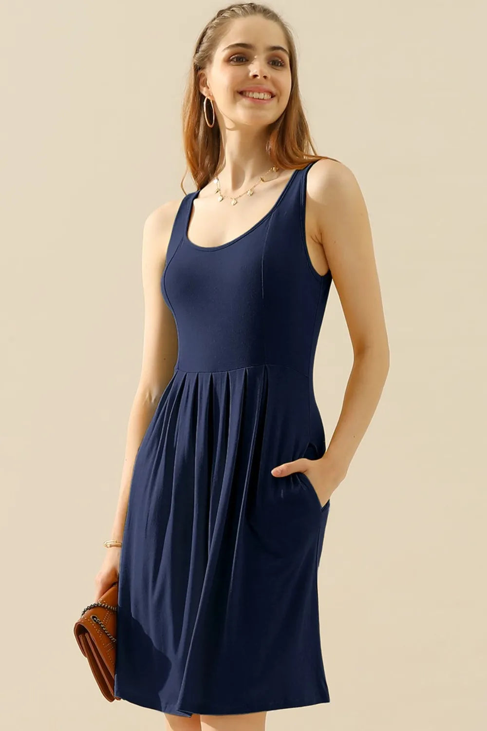 Image of Doublju Full Size Round Neck Ruched Sleeveless Dress with Pockets | Queeble.shop