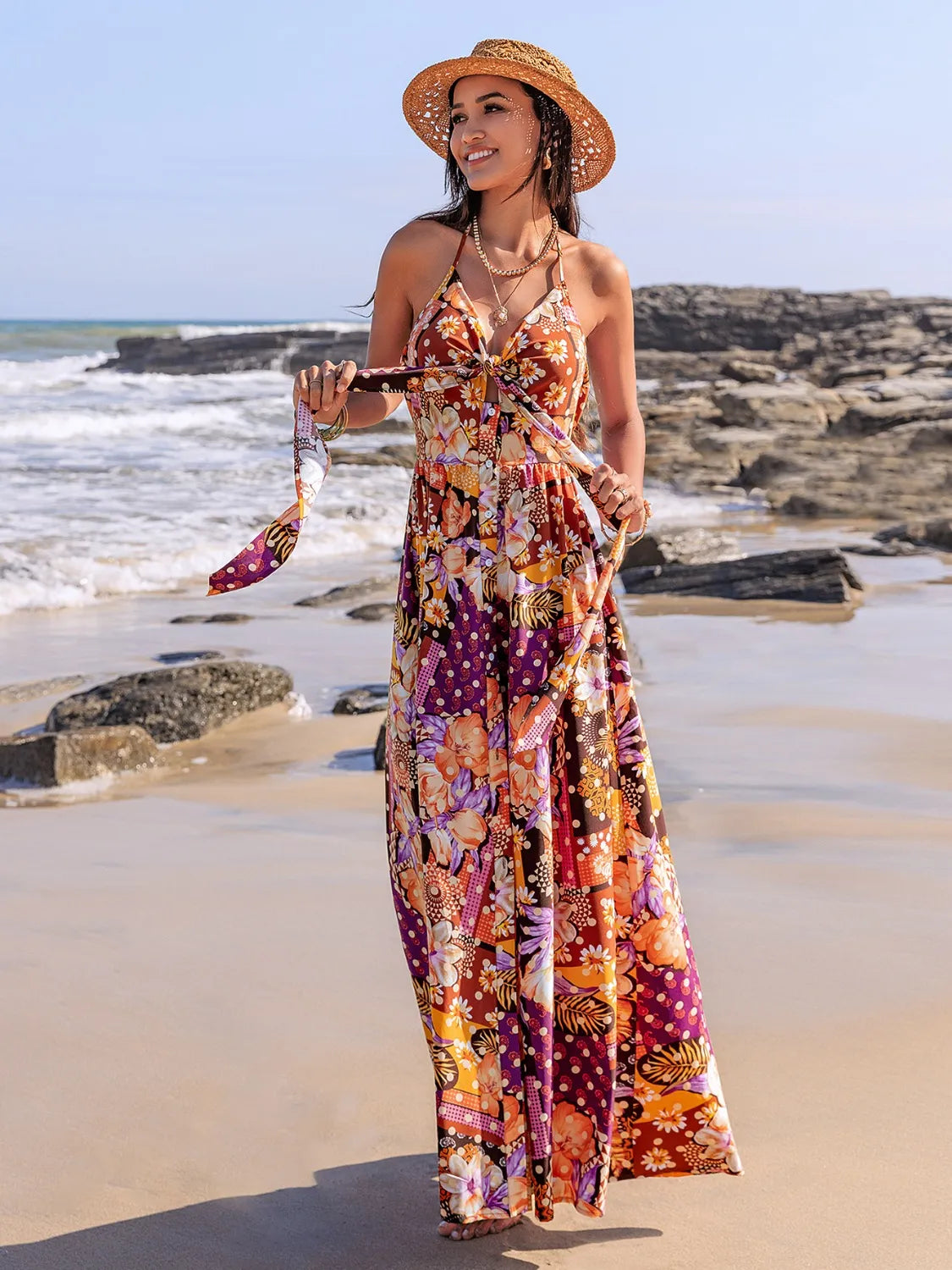 Image of Slit Printed Halter Neck Cami Dress | Queeble.shop