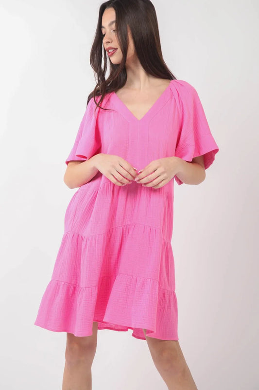 Image of VERY J Texture V-Neck Ruffled Tiered Dress | Queeble.shop