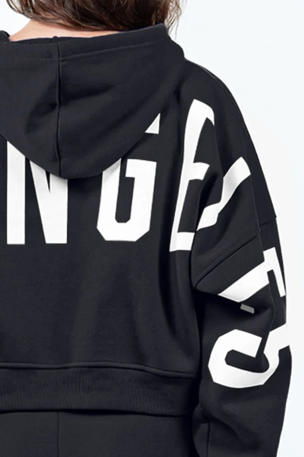 Image of American Bazi Letter Graphic Long Sleeve Drawstring Cropped Hoodie | Queeble.shop