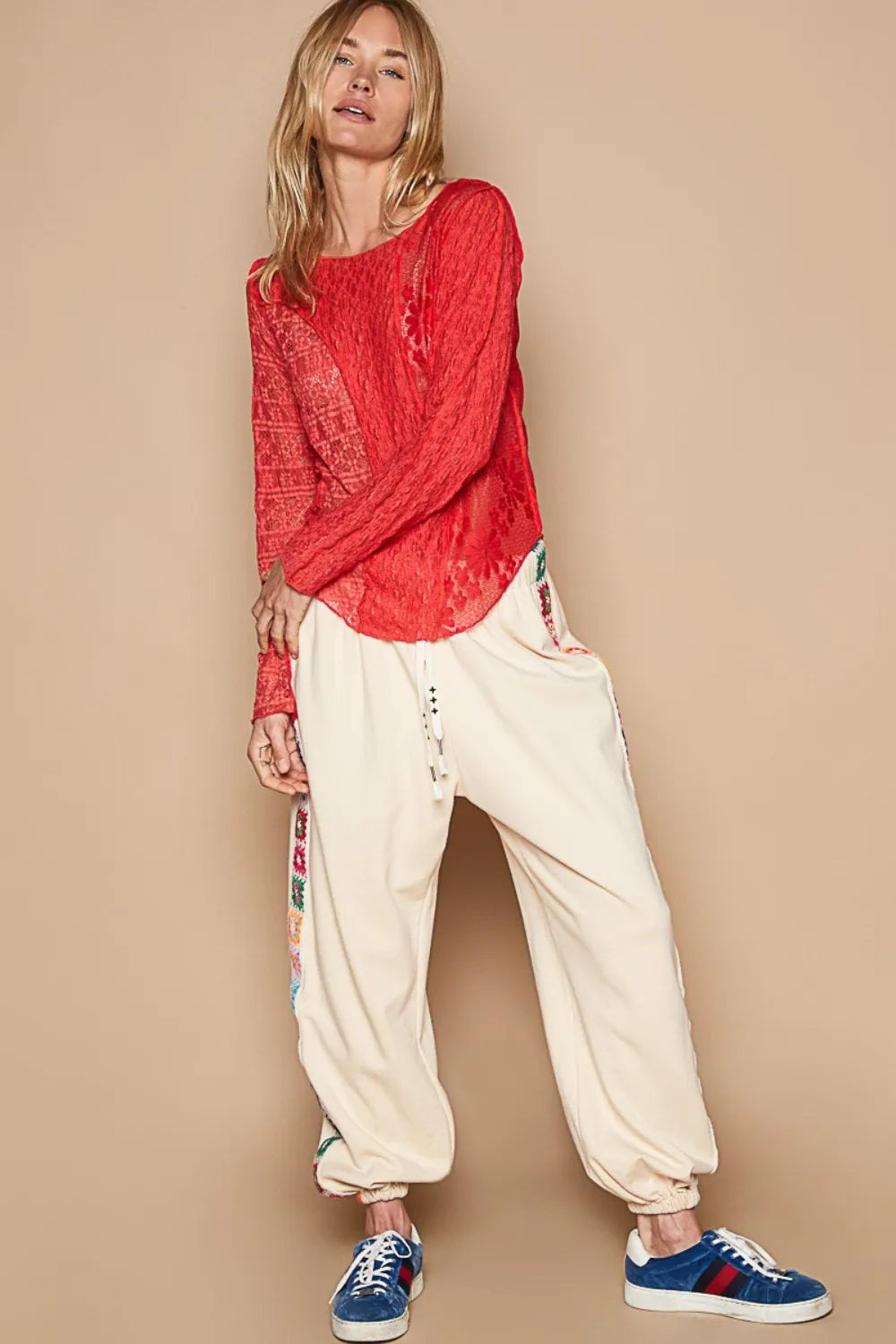 Image of POL Exposed Seam Long Sleeve Lace Knit Top | Queeble.shop