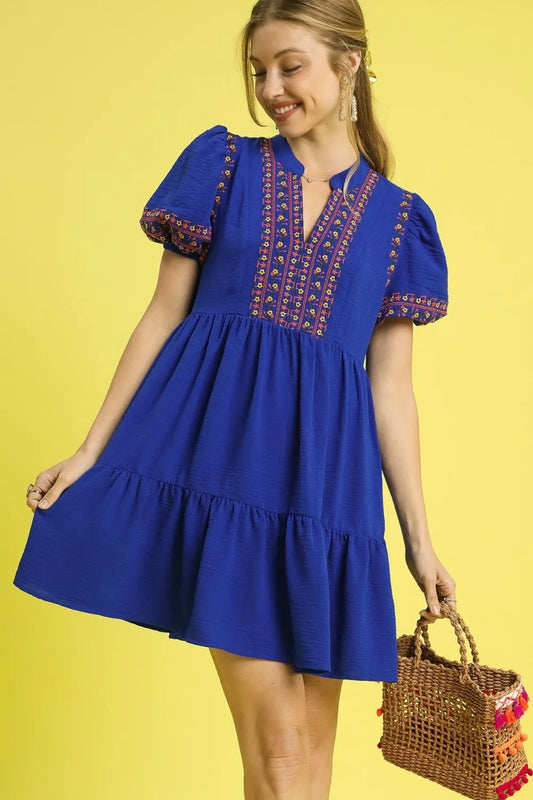 Image of Umgee Floral Trim Puff Sleeve Mini Dress | Queeble.shop