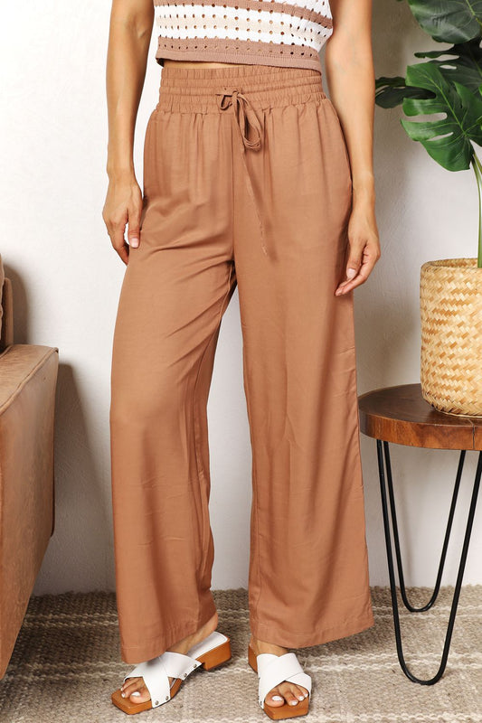 Image of Double Take Drawstring Smocked Waist Wide Leg Pants | Queeble.shop