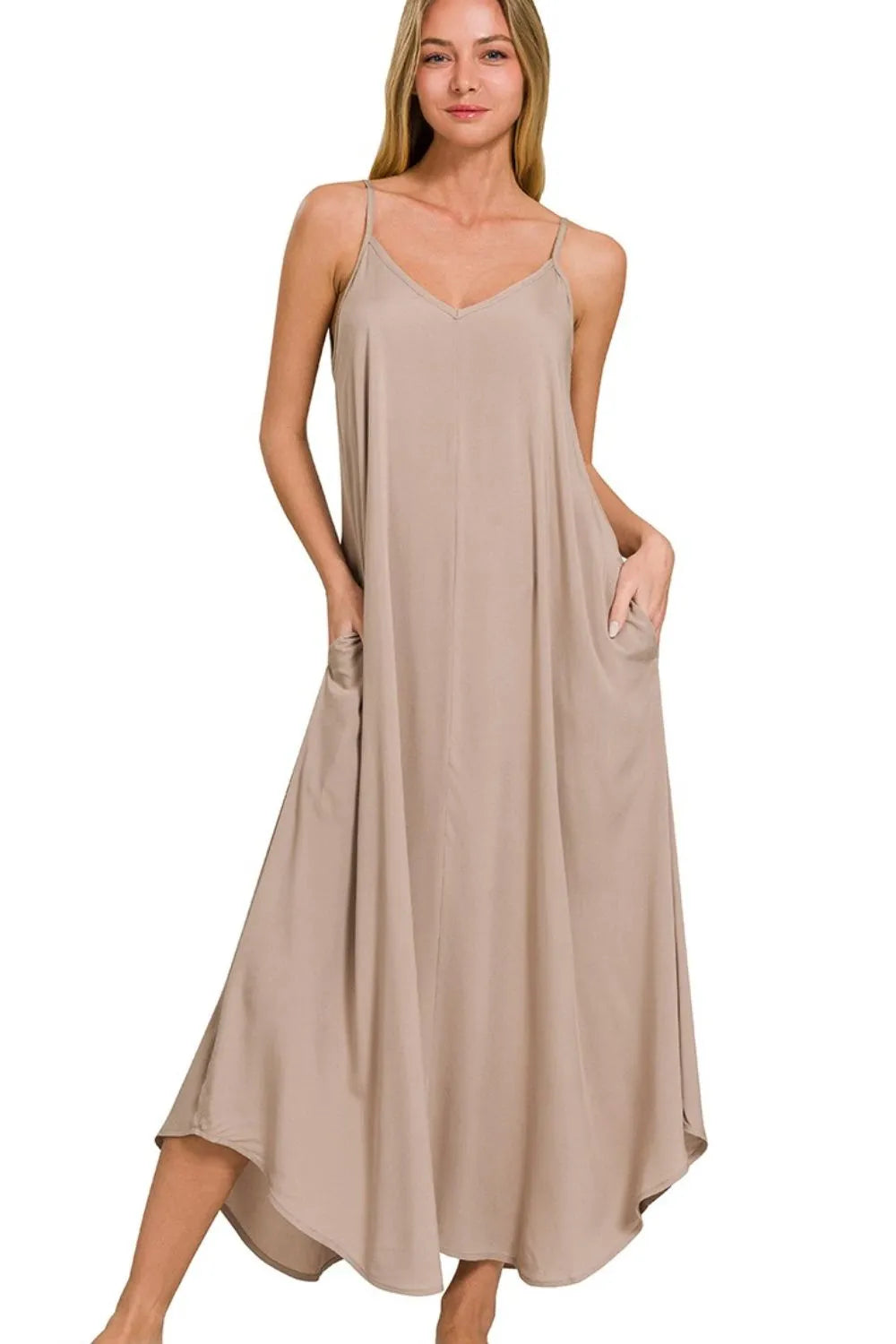 Image of Zenana Woven Arc Hem Cami Dress With Flowy Pockets | Queeble.shop