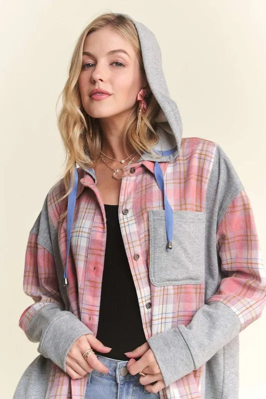 Image of ADORA Button Down Plaid Hoodie Shacket | Queeble.shop