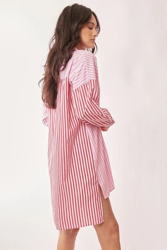 Image of Davi & Dani Multi Color Stripe Mixed Button Front Tunic Shirt Dress | Queeble.shop