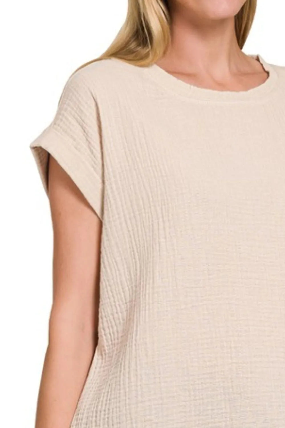 Image of Zenana Double Gauze Round Neck Folded Short Sleeve Top | Queeble.shop