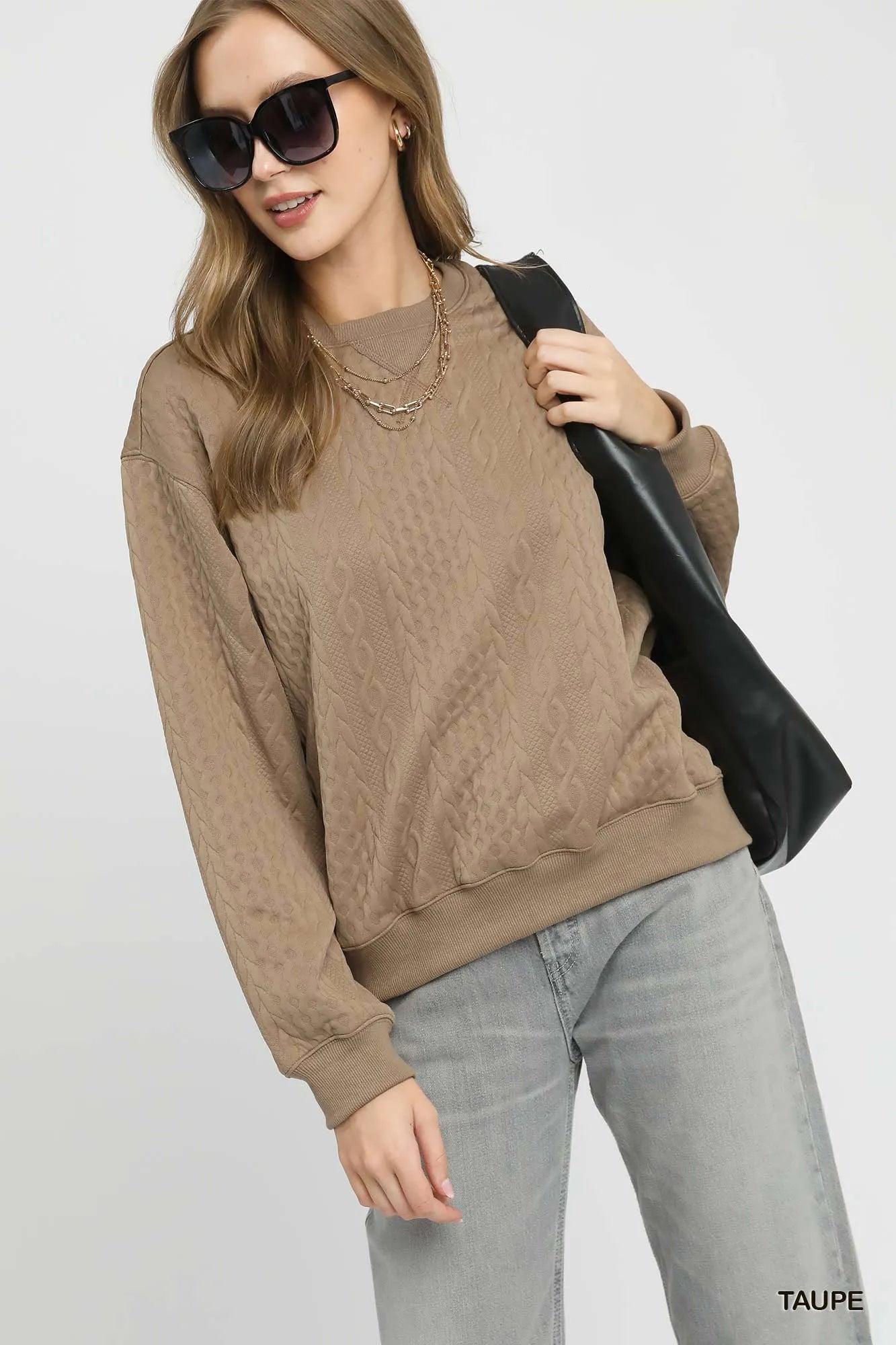 Image of Umgee Cable Texture Pattern Sweatshirt with Ribbed Hem | Queeble.shop