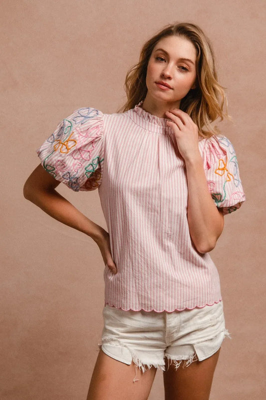 Image of BiBi Embroidery Bubble Sleeve Top With Bottom Scallop Detail | Queeble.shop