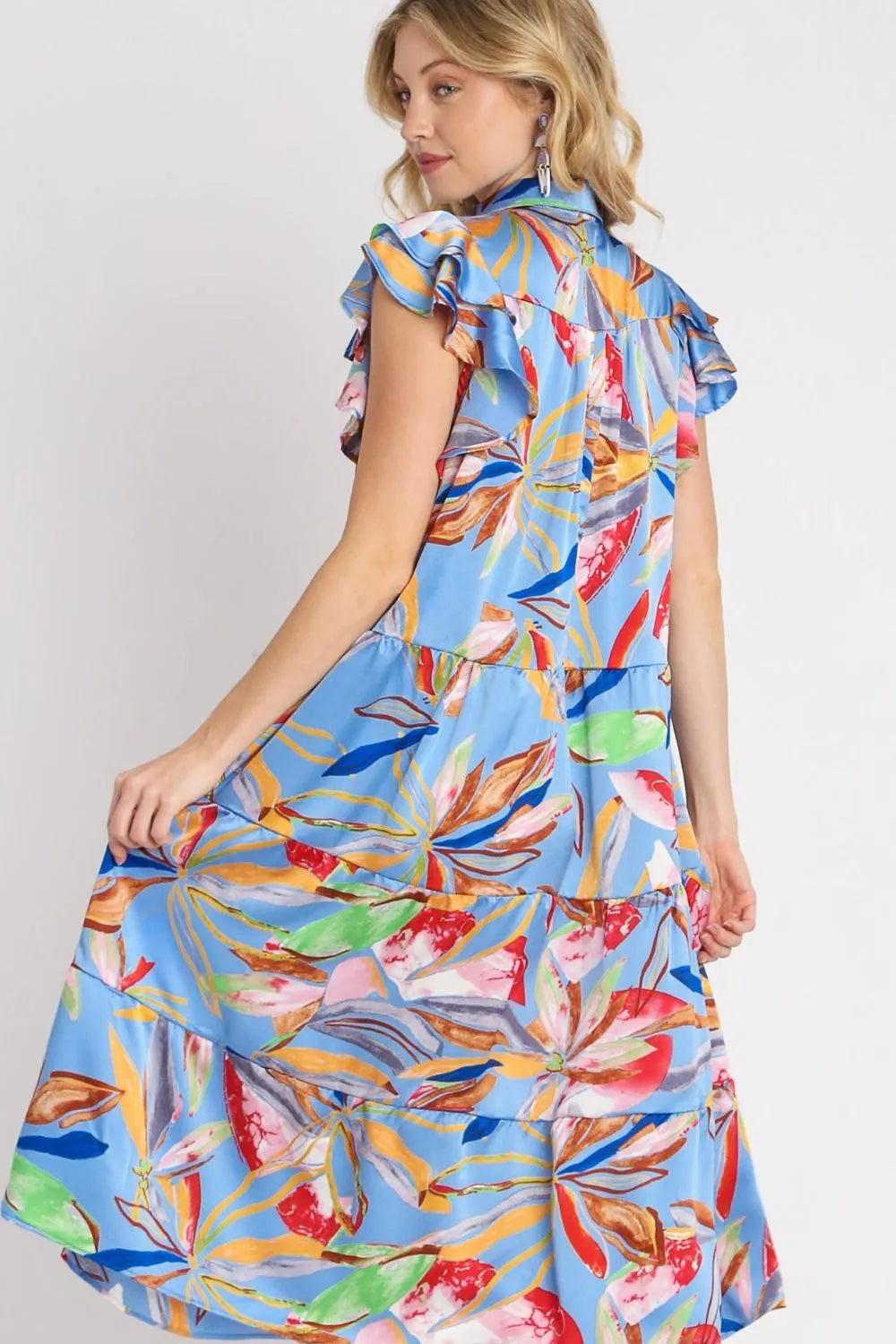 Image of Umgee Full Size Leaf Print Double Layered Ruffle Sleeve Tiered Midi Dress Plus Size | Queeble.shop