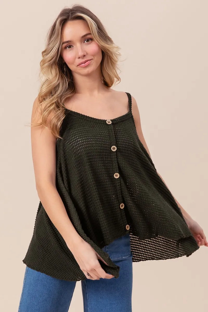 Image of BiBi Popcorn Waffle Knit with Buttoned Front Cami Top | Queeble.shop