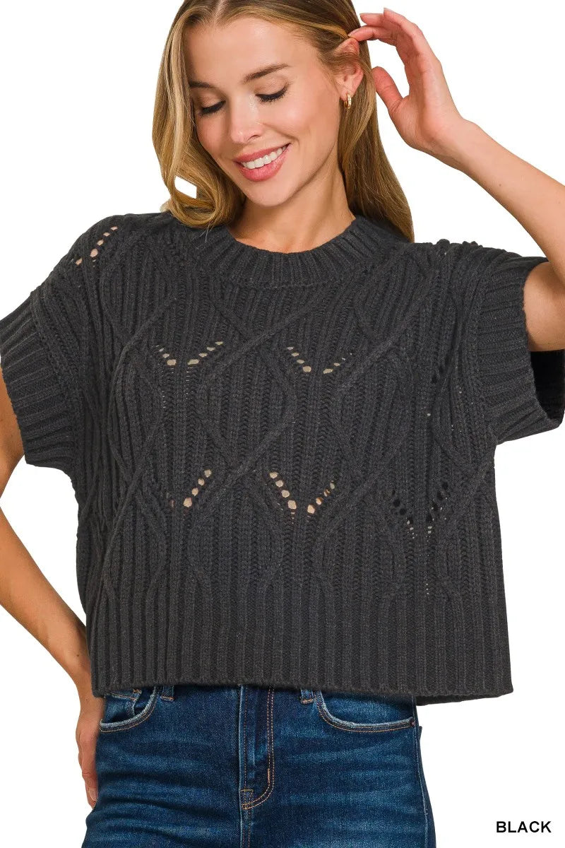 Image of Zenana Cable Knit Short Sleeve Sweater | Queeble.shop