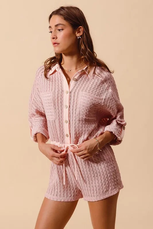 Image of SO ME Textured Knit Button Front Romper | Queeble.shop