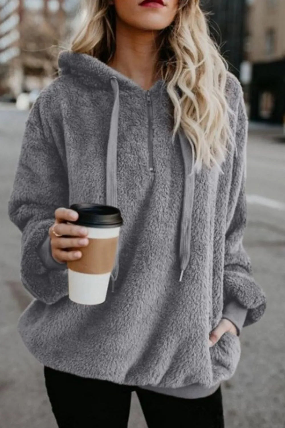 Image of Full Size Quarter-Zip Drawstring Teddy Hoodie | Queeble.shop