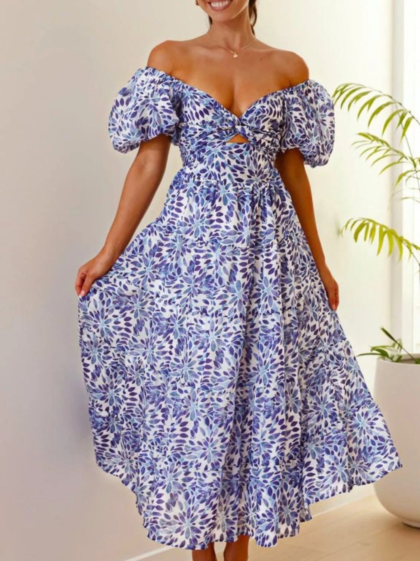 Image of Off-Shoulder Floral Tiered Dress with Ruffle Details | Queeble.shop