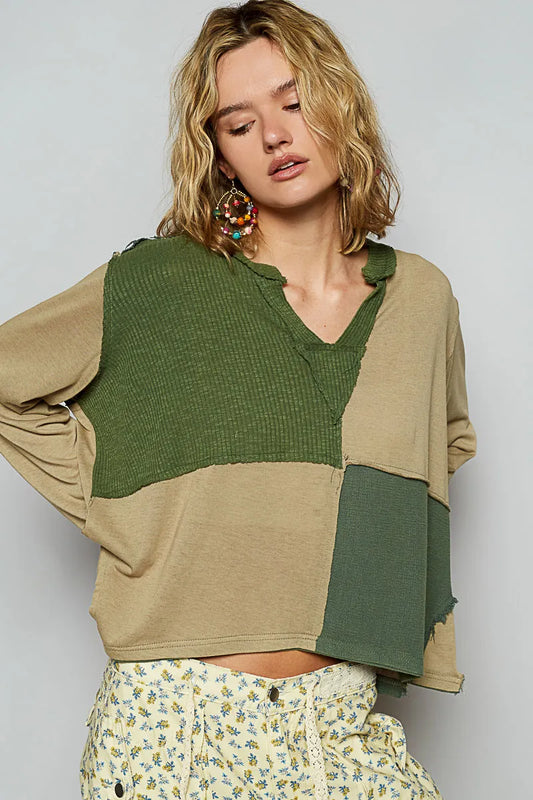 Image of POL Color Block Notched Long Sleeve T-Shirt | Queeble.shop