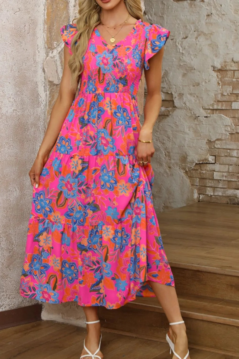 Image of Boho Floral V Neck Ruffle Tiered Dress | Queeble.shop