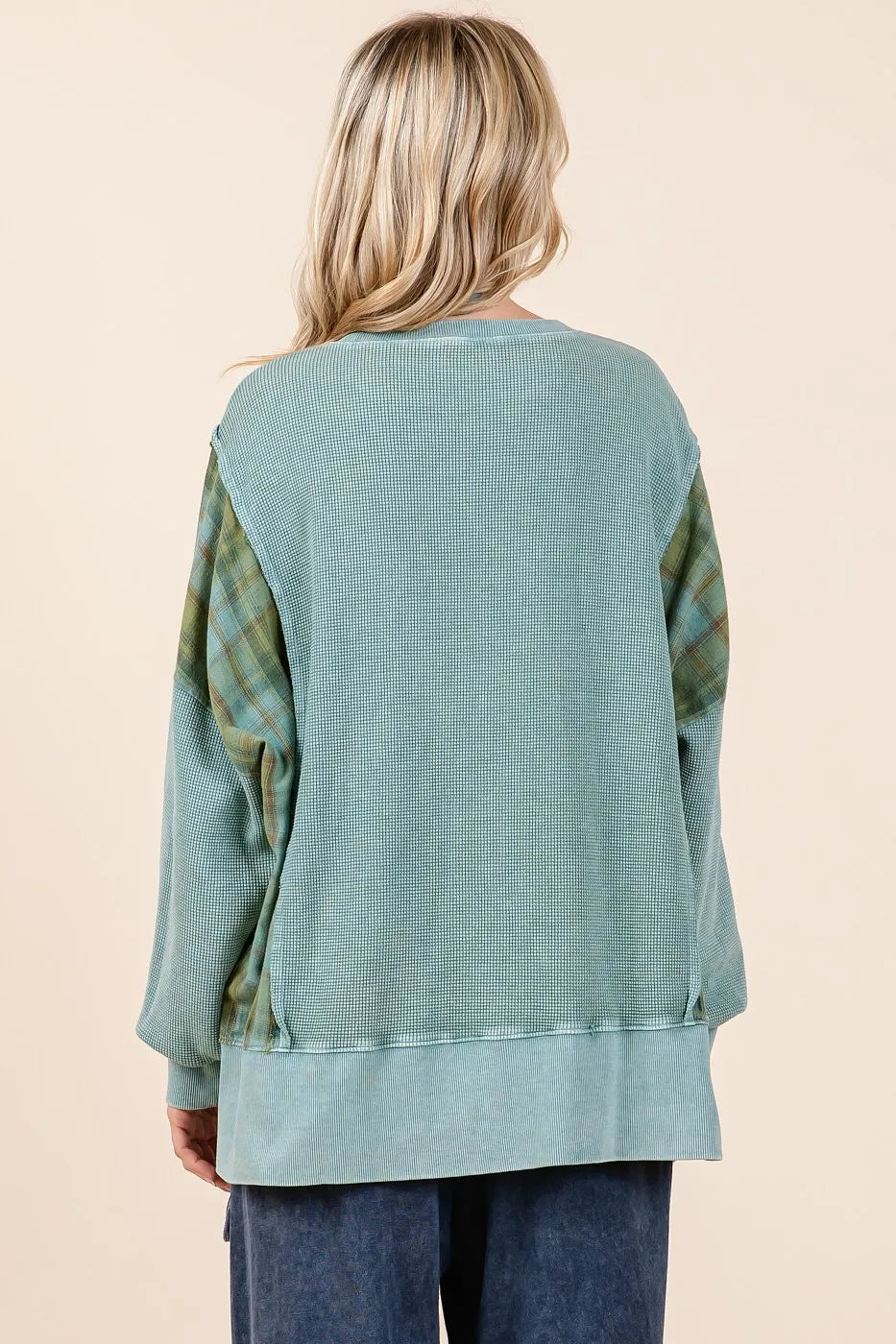 Image of Mittoshop Plaid Panel Mineral Wash French Terry Sweatshirt | Queeble.shop