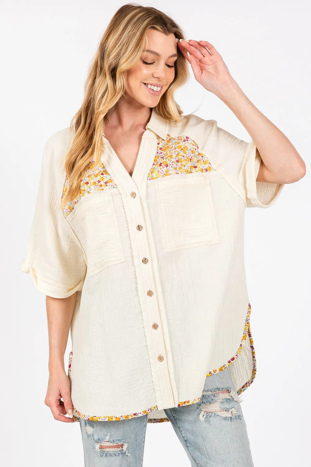 Image of SAGE + FIG Full Size Floral Detail Button Up Short Sleeve Shirt | Queeble.shop