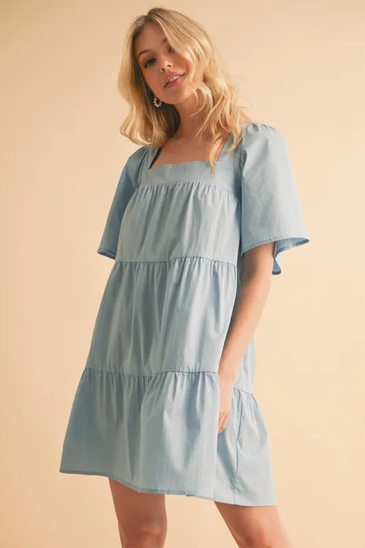 Image of Aemi + Co Square Neck Half Sleeve Tiered Dress | Queeble.shop