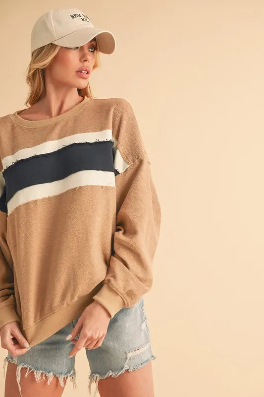 Image of Aemi + Co Raw Hem Contrast Striped Dolman Sleeve Sweatshirt | Queeble.shop