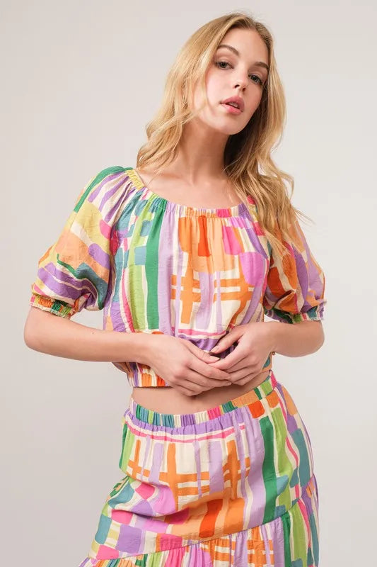 Image of And The Why Puff Sleeve Elastic Edges Geo Printed Crop Top | Queeble.shop