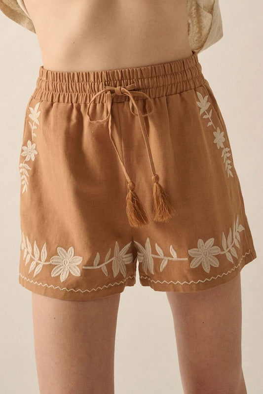 Image of Embroidered Boho Tasseled Drawstring Elastic Waist Casual Shorts | Queeble.shop