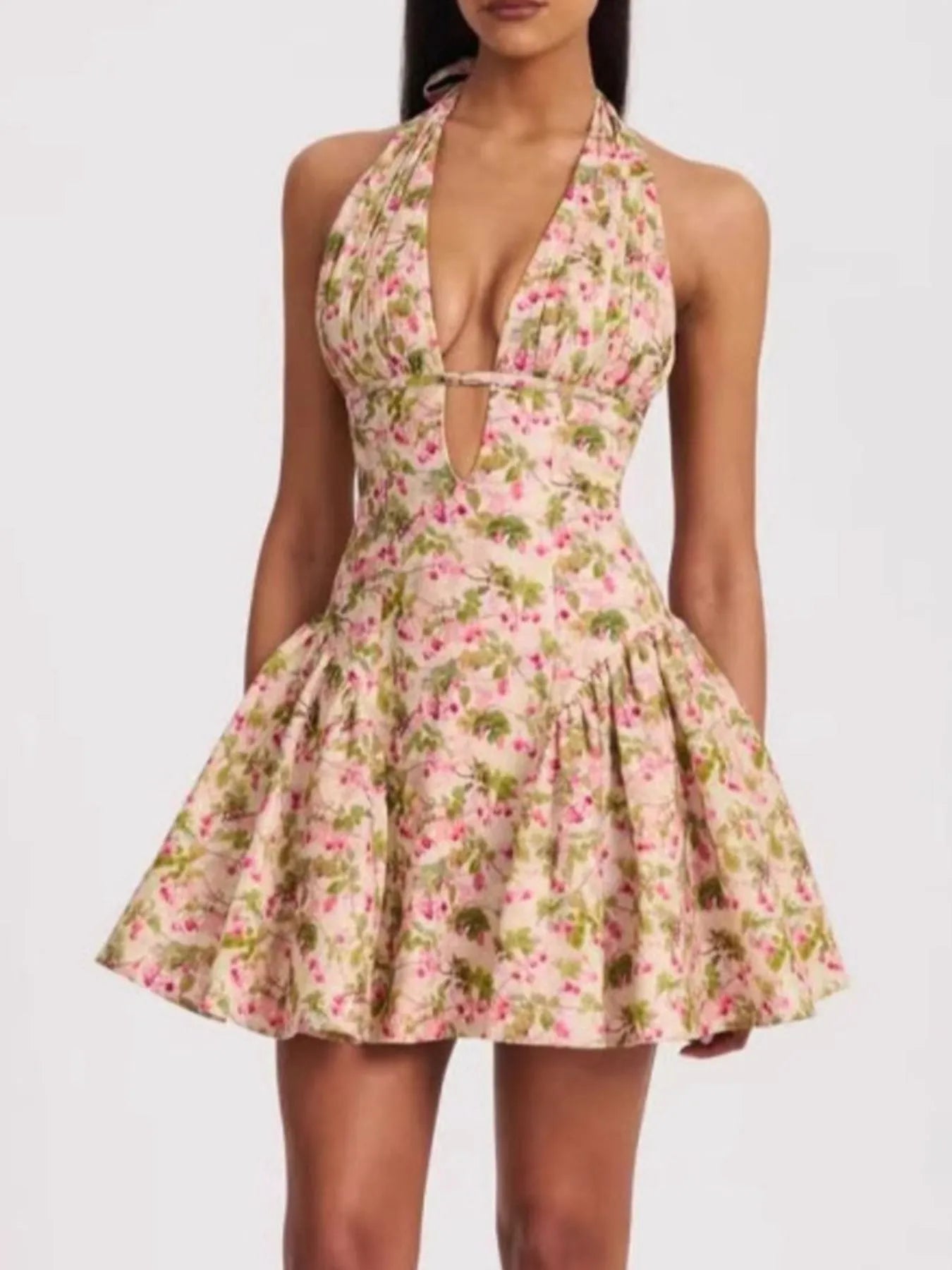 Image of Floral Halter Neck Mini Dress | Queeble.shop