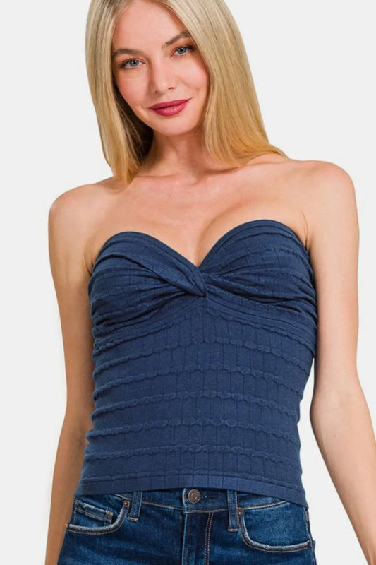 Image of Zenana Ruched Twisted Sweetheart Neck Top | Queeble.shop