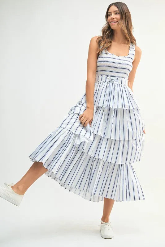 Image of MABLE Pin Stripe Smocked Bodice Layered Midi Dress | Queeble.shop