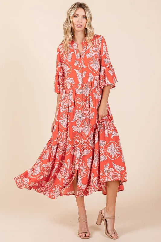 Image of Mittoshop Abstract Leaf Print Tiered Ruffle Dress | Queeble.shop