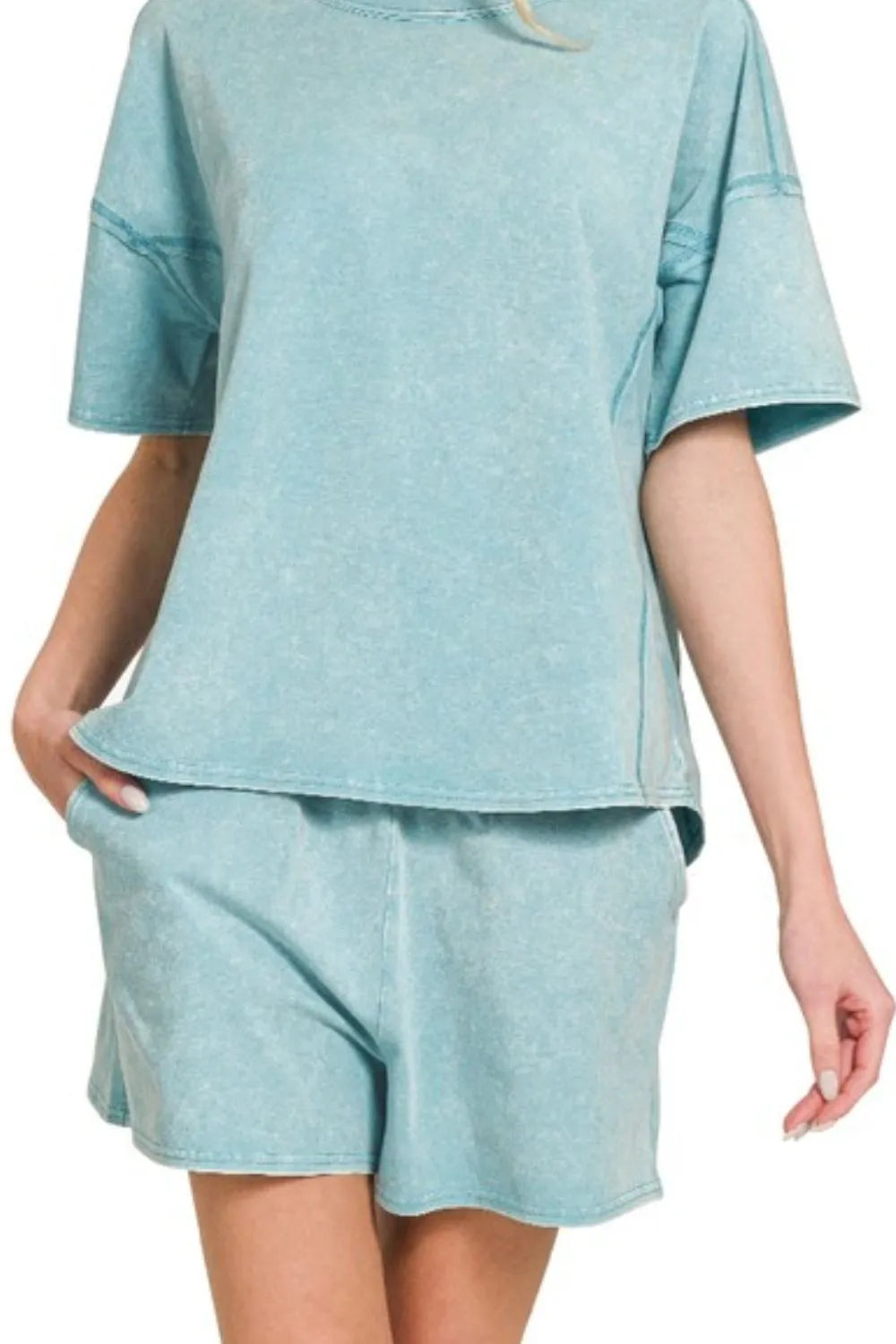 Image of Zenana Acid Washed Short Sleeve Tee & Shorts Set | Queeble.shop