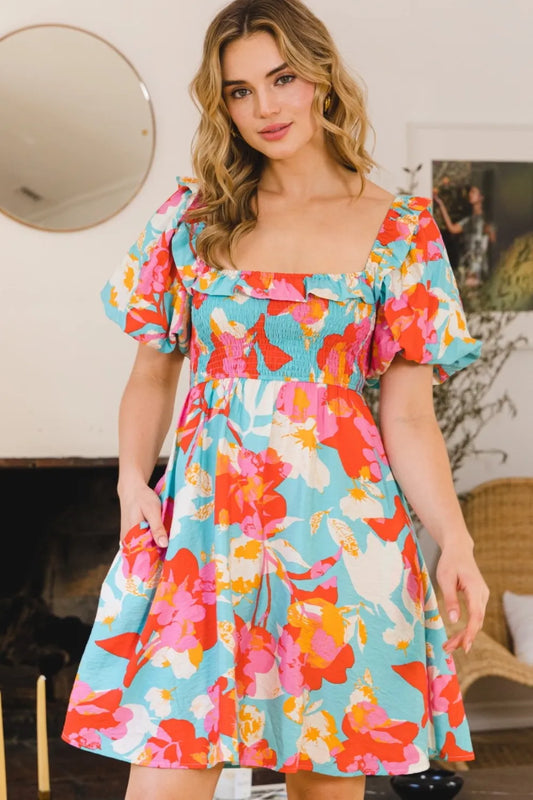 Image of ODDI Printed Smocked Puff Sleeve Mini Dress | Queeble.shop