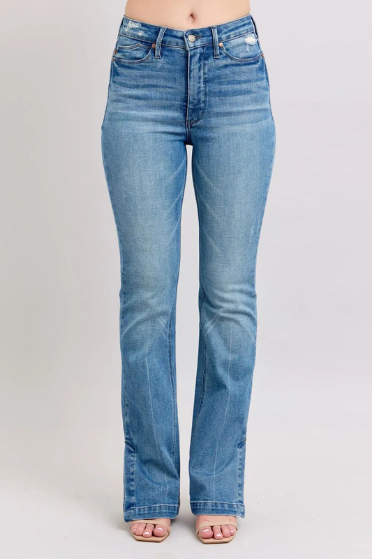 Image of Judy Blue HW Tummy Control Vintage Wash Side Slit Slim Boot Jeans | Queeble.shop