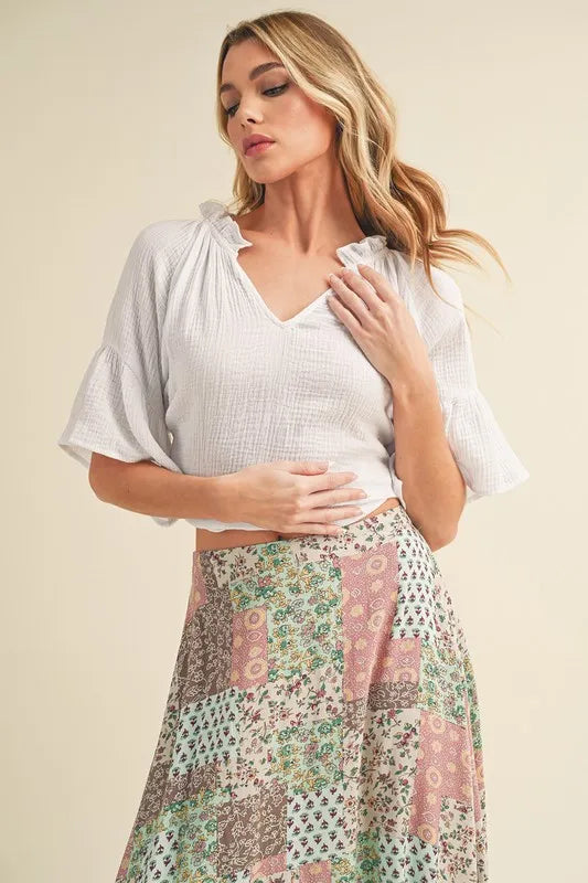 Image of Aemi + Co Side Slit Notched Ruffled Half Sleeve Blouse | Queeble.shop